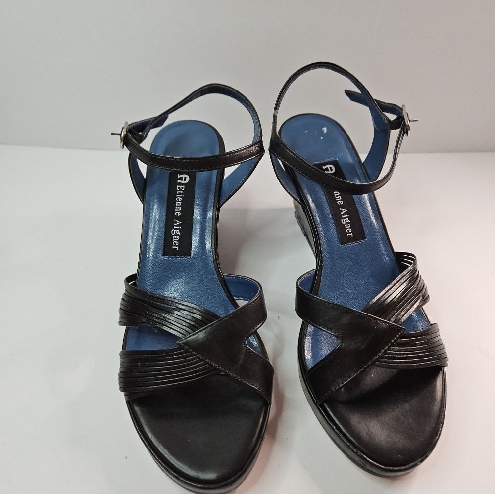 Etienne Aigner Buckle Wedge Casual Heels Black Sandal Felicity sizr 6.5